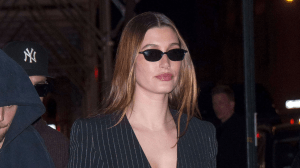 Hailey Bieber wearing the Rhode Peptide Lip Shape.