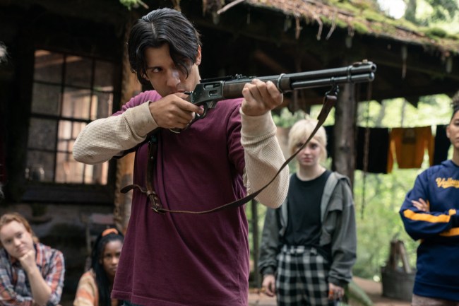 (L-R): Liv Hewson as Teen Van, Keeya King as Teen Akilah, Kevin Alves as Teen Travis and Sophie Thatcher as Teen Natalie in YELLOWJACKETS, “Bear “Down.