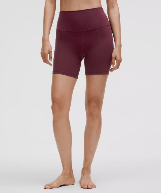 A model wearing the Lululemon Align High-Rise Short 6" in garnet