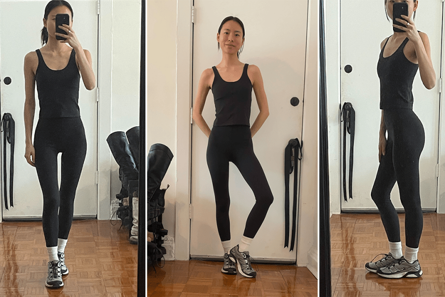 Katie wearing the Lululemon Glow Up Super-High-Rise Tight 25" in the black colorway