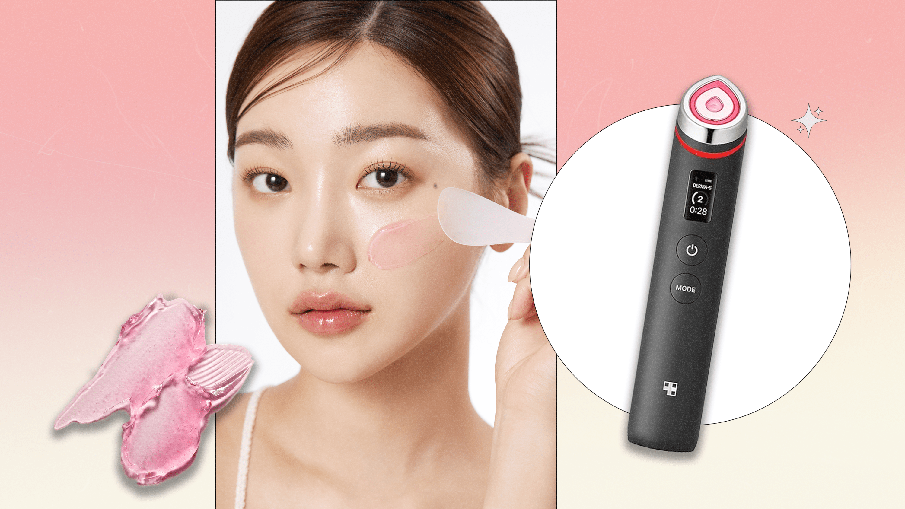 Left to Right: a texture shot of the Medicube Collagen Jelly cream; a model applying the Collagen Jelly Cream to her face; the Age-R Booster Pro skincare facial device.