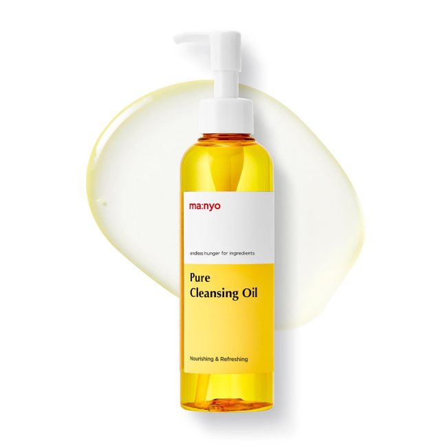 Manyo Pure Cleansing Oil in a yellow bottle.