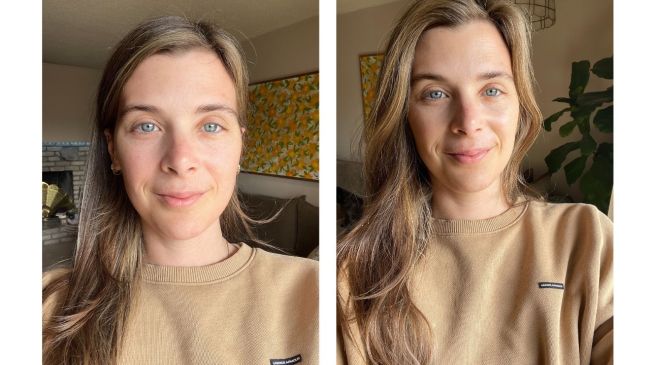 Before (left) and after (right) photos of Jessie from using the Therface Depuffing Wand