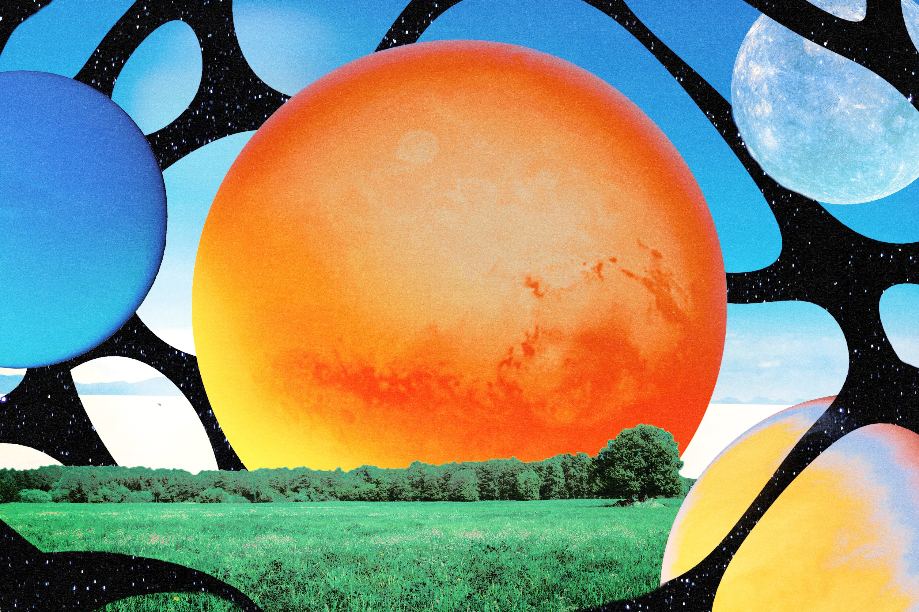 A few planets rising over a grassy field with a dark outer space background interspersed with a blue sky background