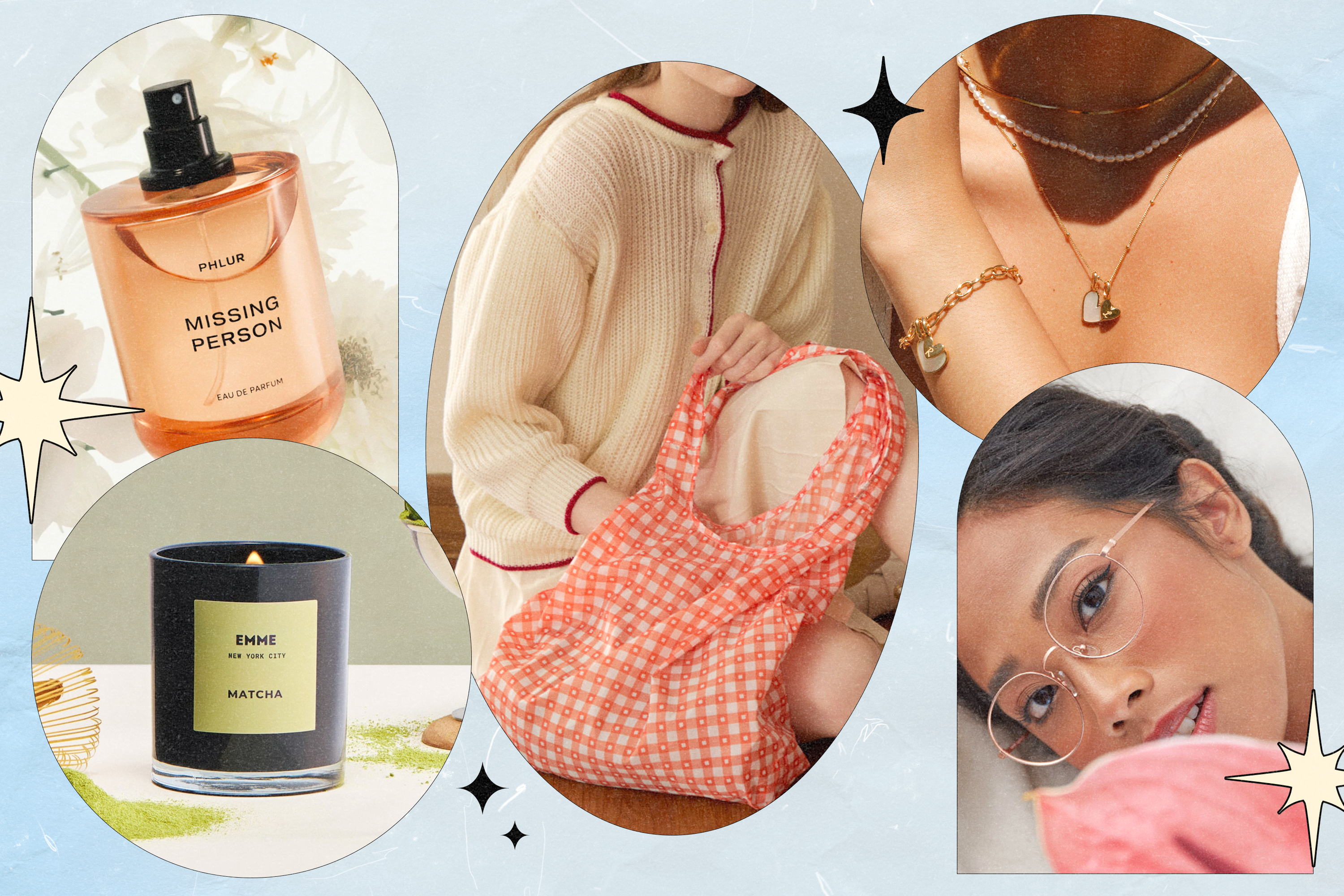 PHLUR Missing Person perfume bottle; EMME Matcha Cande; a model sitting and holding the Good Totes Reusable Egg Bag in Red Gingham; a model wearing a Rellery heart necklace and matching bracelet; a model wearing COVRY rose gold glasses.