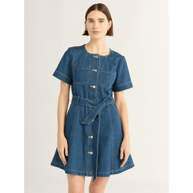 A model wearing the Free Assembly Fit and Flare Denim Mini Dress