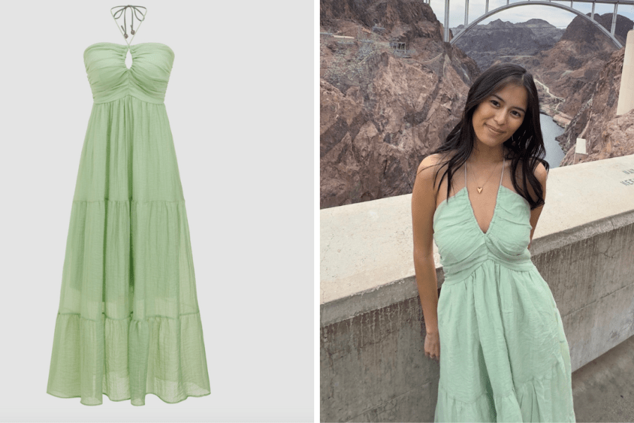 Kaili is wearing Cider's Cut Out Ruffle Hem Tiered Tulle Maxi Dress in Pale Green.