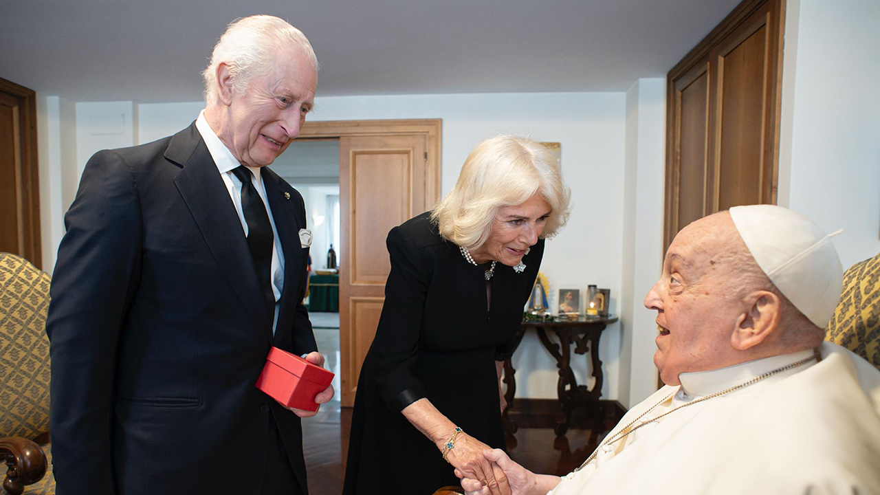 VATICAN CITY - APRIL 09: (EDITOR'S NOTE: This Handout image was provided by a third-party organization and may not adhere to Getty Images' editorial policy.)  In this handout image supplied by the Vatican on April 10, King Charles III and Queen Camilla meet Pope Francis during day three of their State visit to The Republic of Italy on April 09, 2025 in Vatican City. Their Majesties will attend a State Banquet at the Palazzo Quirinale, hosted by The President.