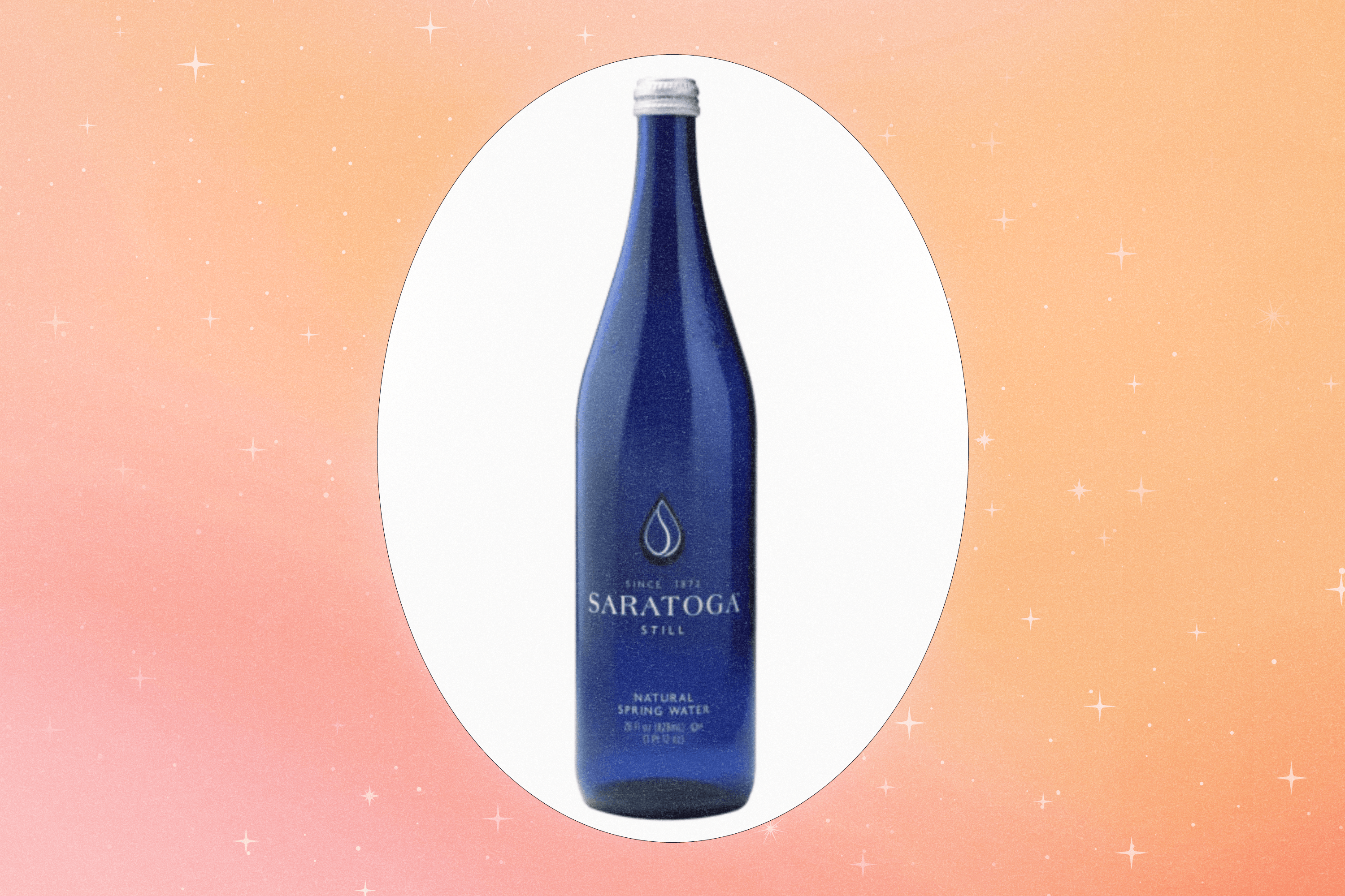 A blue water bottle with an orange background.