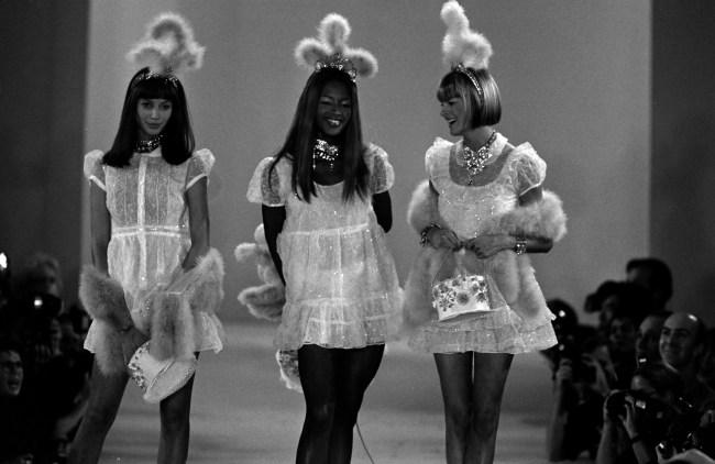 Models Christy Turlington, Naomi Campbell and Linda Evangelista walk the runway for Anna Sui's Spring 1994 collection.