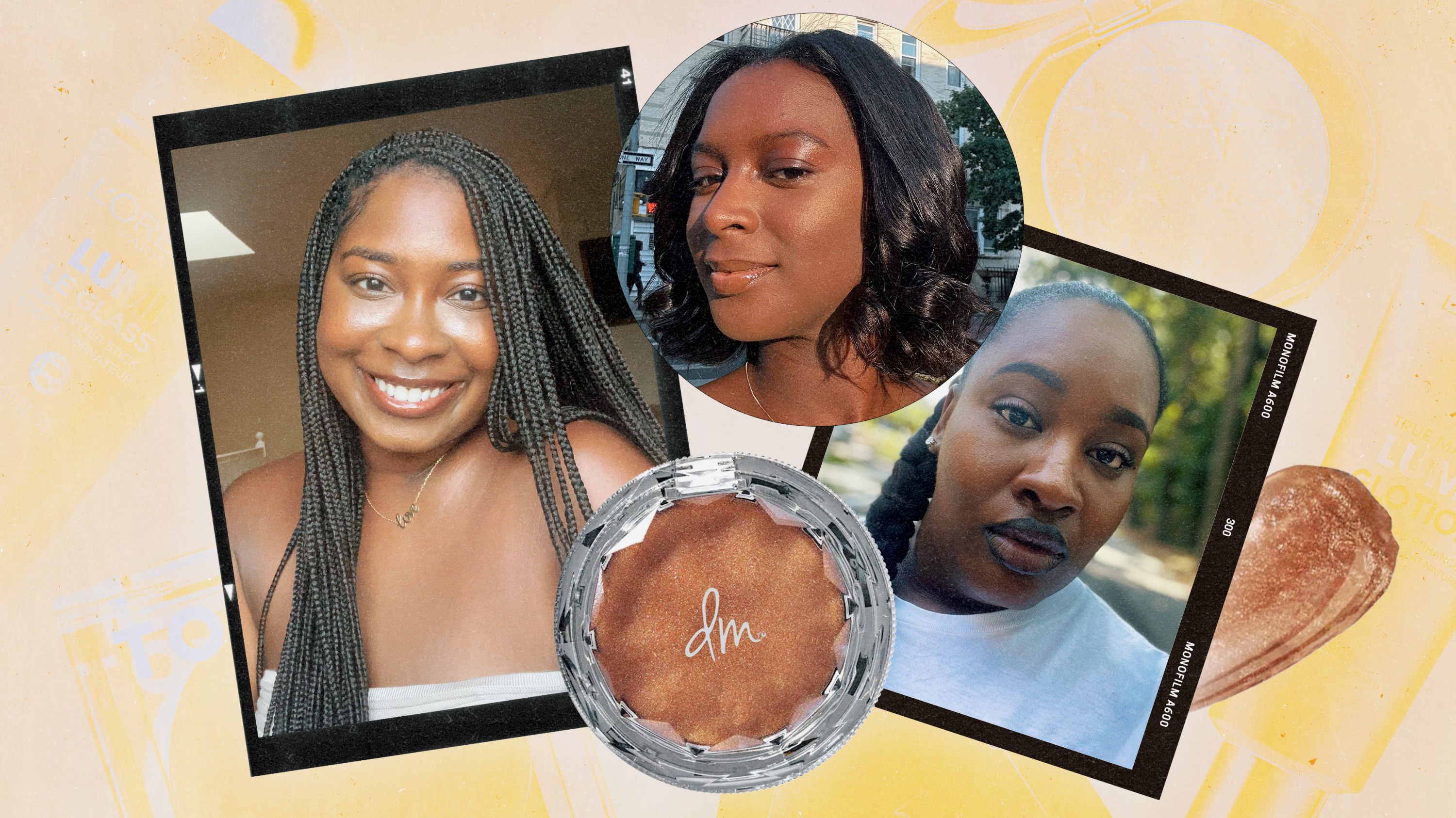 Bria, Kimberly, and Najeema wearing their favorite highlighters for dark skin tones, alongside highlighters from Tower 28 Beauty, Danessa Myricks Beauty, Charlotte Tilbury, L'Oréal Paris, and Fenty Beauty.