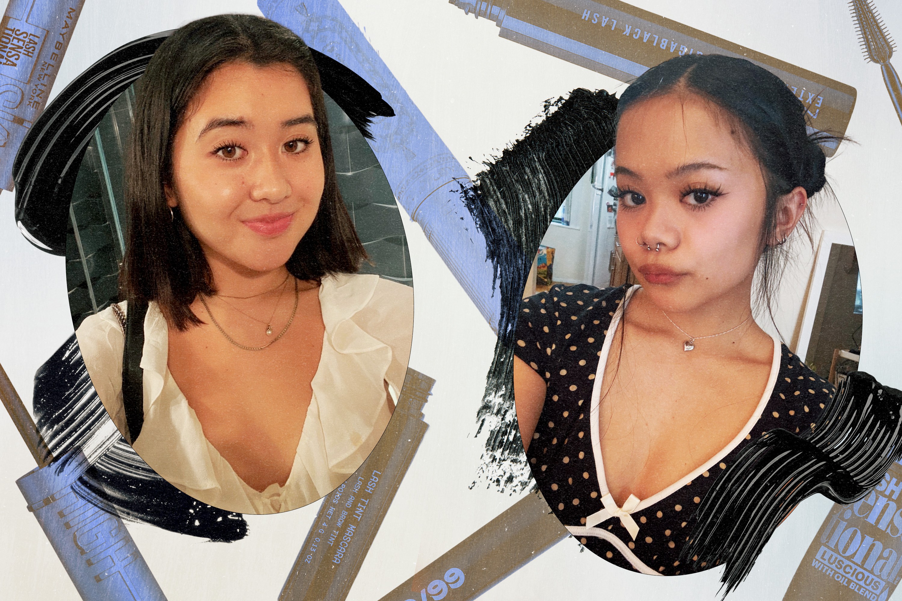 Selfies of Jen and Kleigh wearing mascara, next to product images of mascaras from Flower Knows, Maybelline, MAC Cosmetics, L'Oréal, and 19/99.