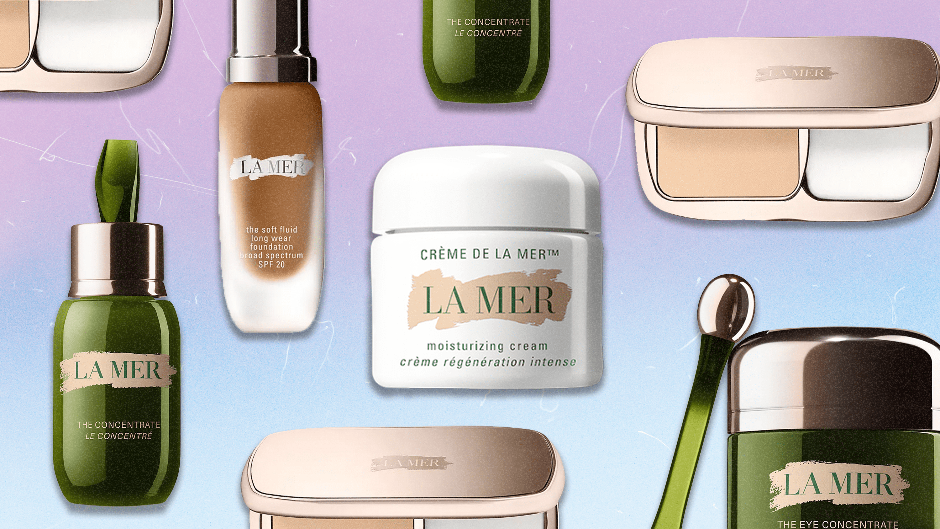 A mix of La Mer skincare and makeup products.