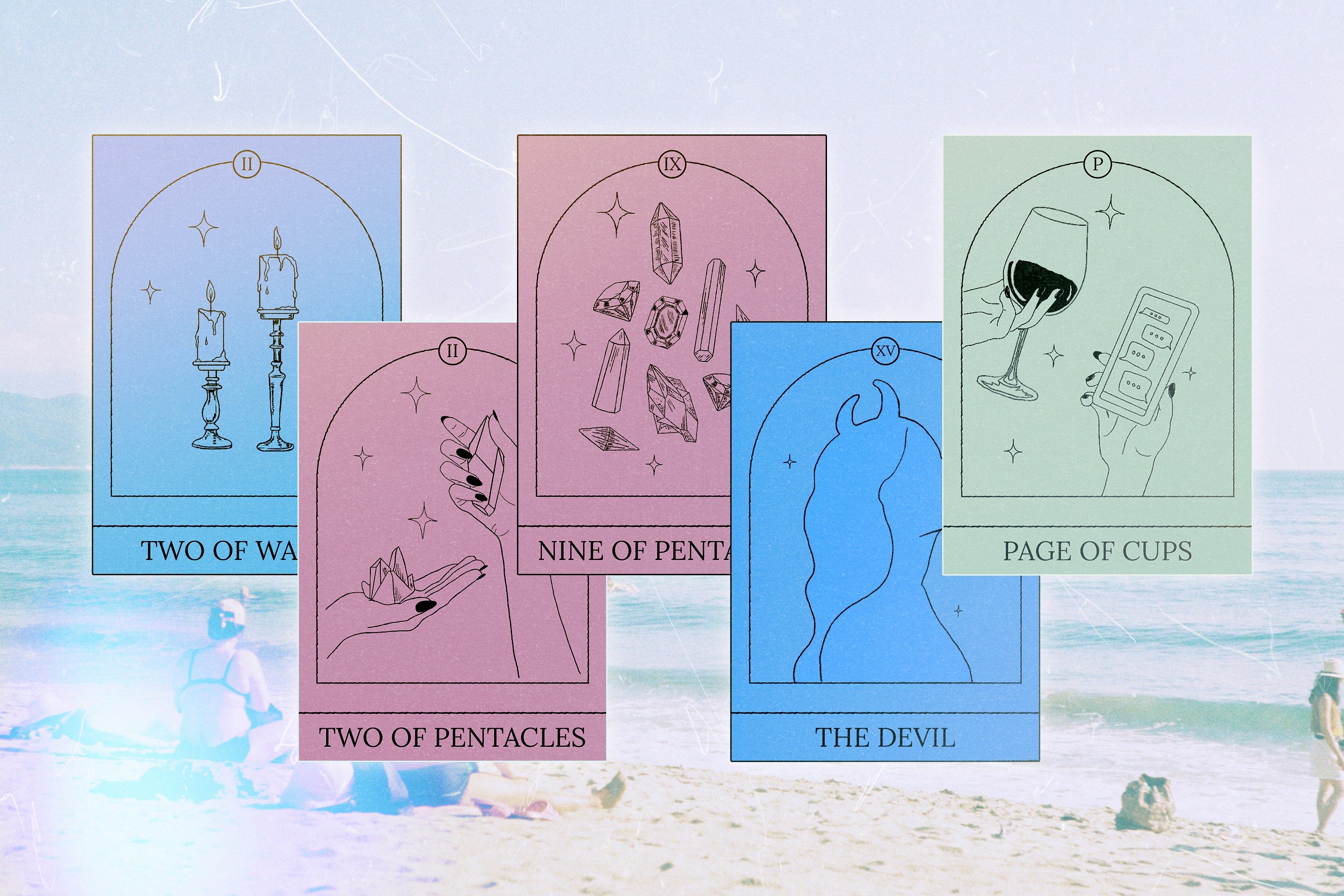 A series of Tarot cards over a beachy backdrop
