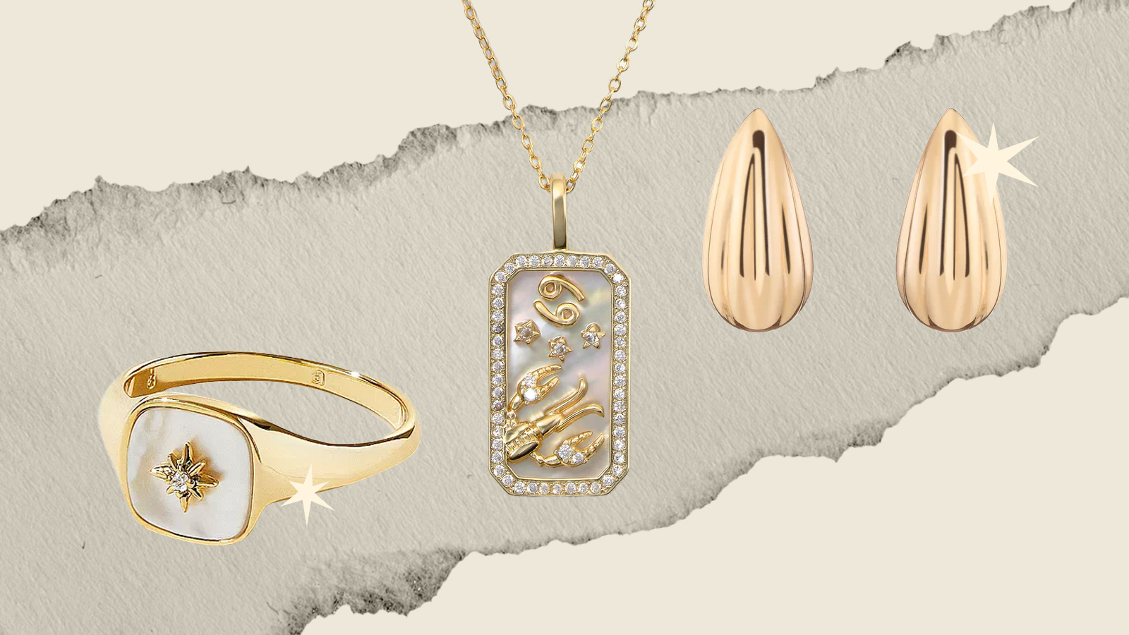 A gold ring, a gold necklace, and gold earrings