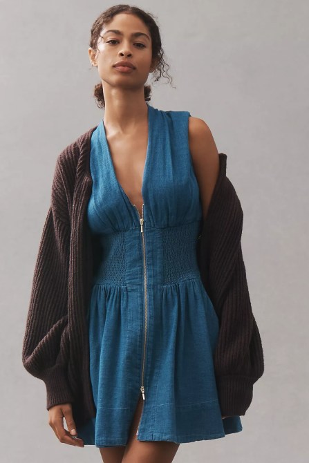 The Tommie Cap-Sleeve Smocked Front-Zip Shirt Dress: Mini Denim Edition