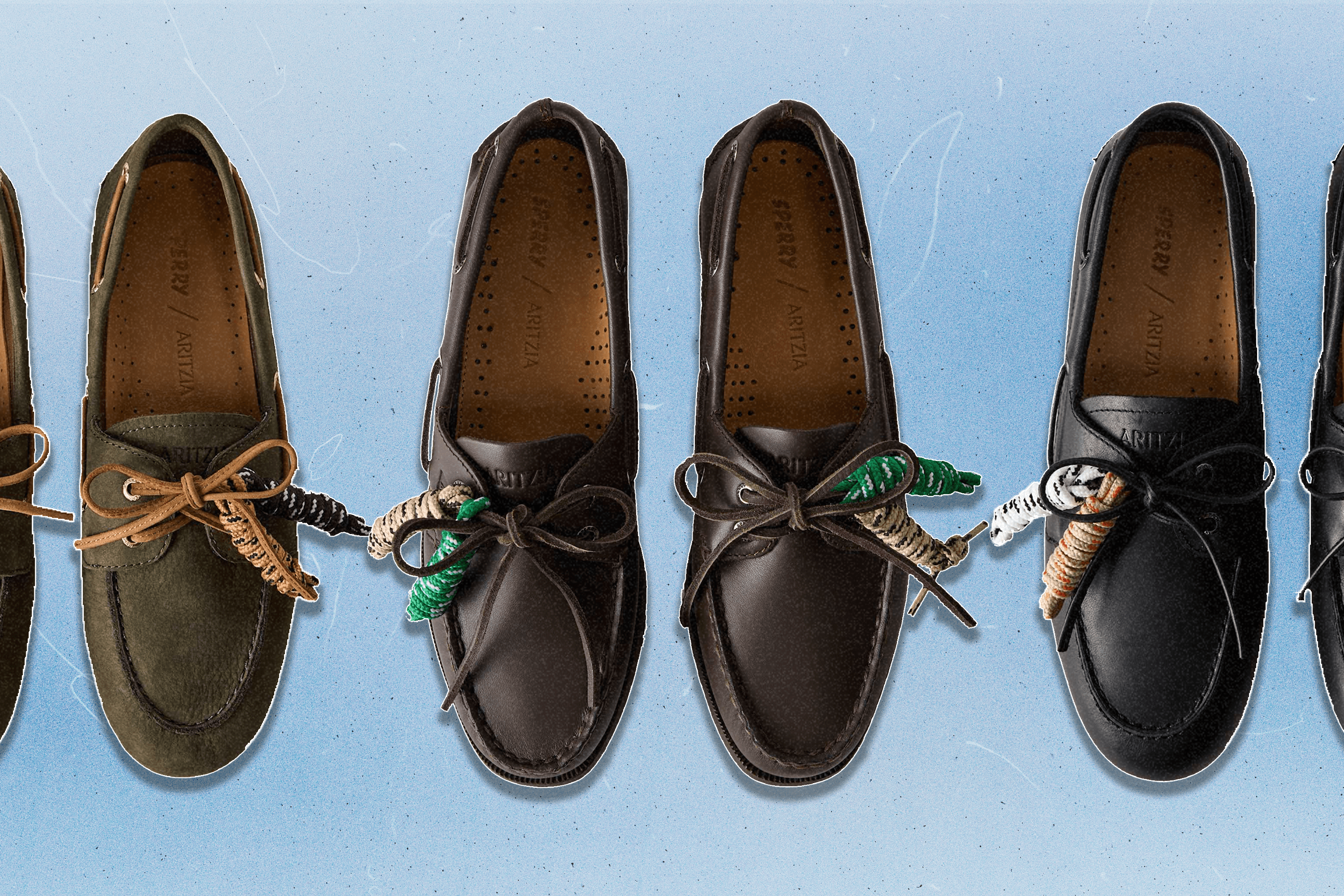 Three pairs of shoes from the Aritzia x Sperry boat shoe collection, second drop (left to right: green, brown, and black).
