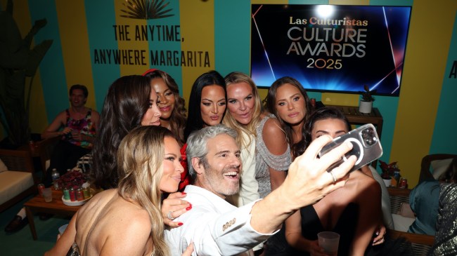 LOS ANGELES, CALIFORNIA - JULY 17: (clockwise from L) Britani Bateman, Angie Katsanevas, Mary Cosby, Lisa Barlow, Heather Gay, Meredith Marks, and Andy Cohen attend Las Culturistas Culture Awards Teal Room with Casamigos Margaritas at The Orpheum Theatre on July 17, 2025 in Los Angeles, California.