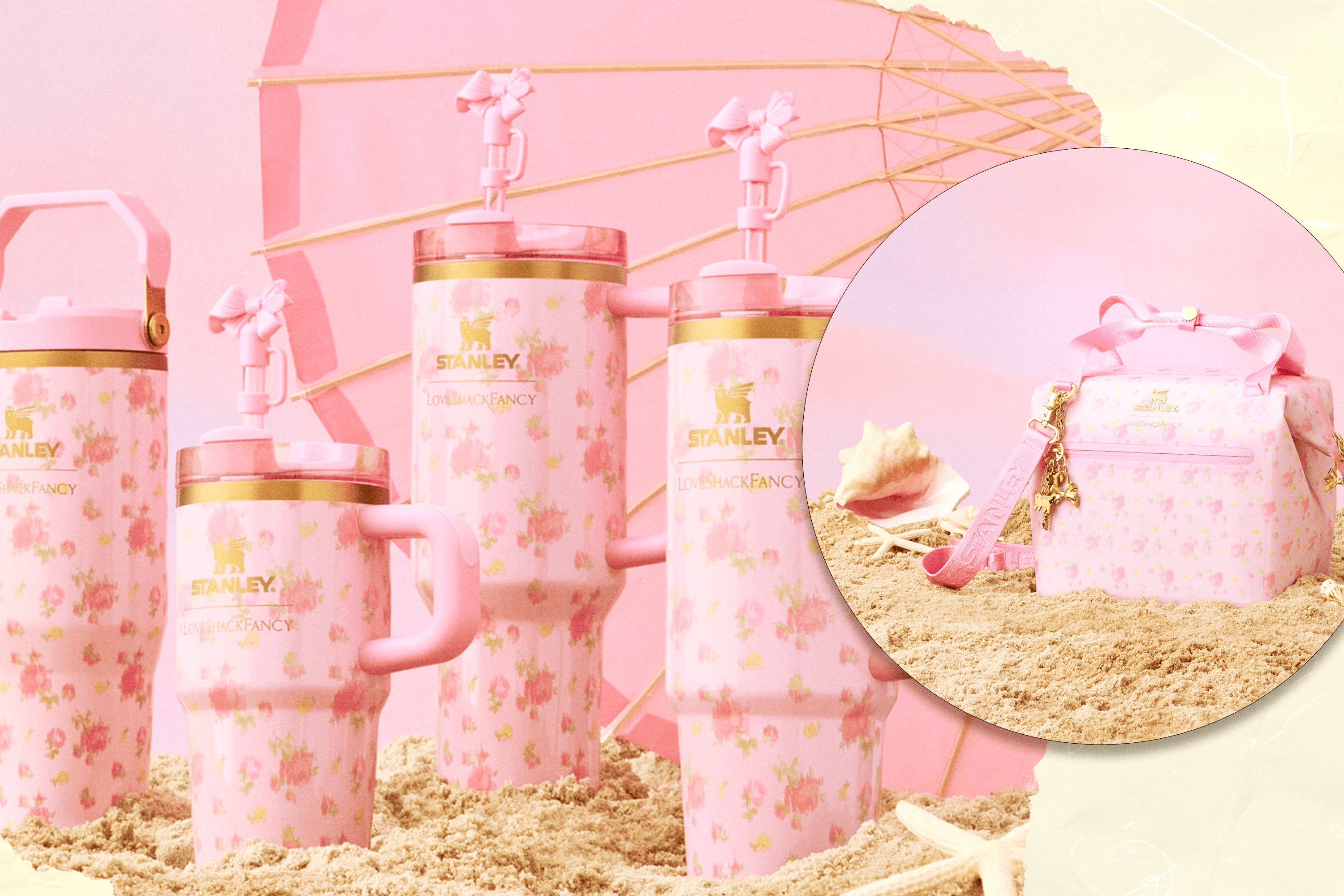 Left: Four Stanley x LoveShackFancy tumblers sitting in sand with a pink umbrella behind them; Right: One Stanley x LoveShackFancy mini cooler bag sitting in sand next to shells and starfish.