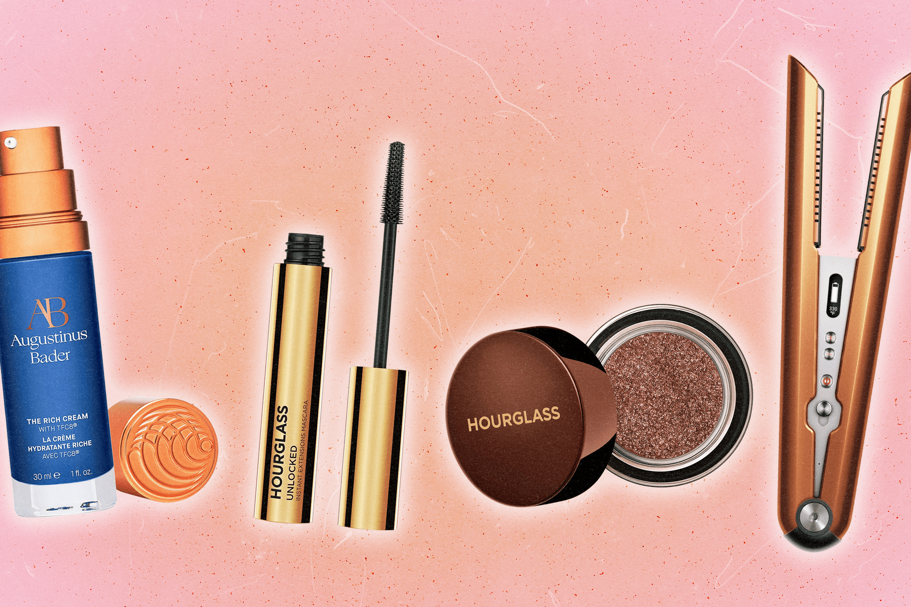 Left to Right: Augustinus Bader The Rich Cream, Hourglass' mascara, Hourglass' glitter eyeshadow, and Dyson's hair straightener.