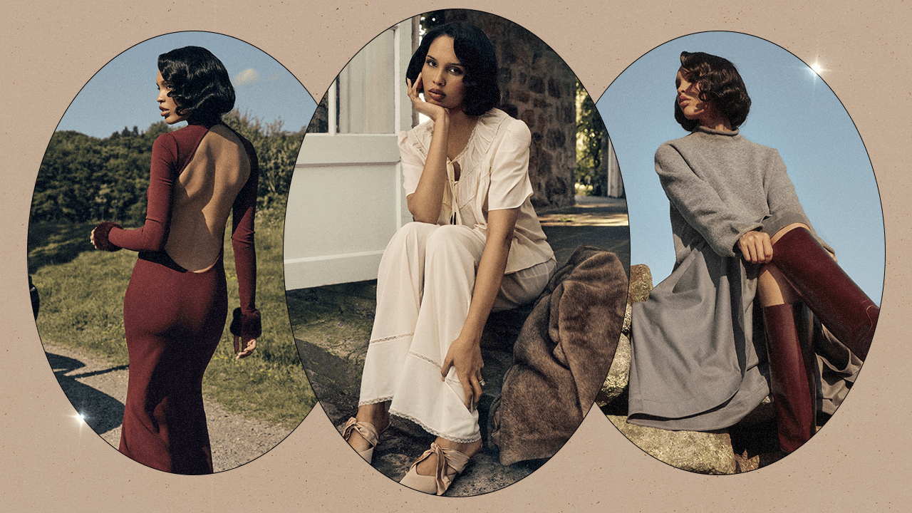 Three campaign images of Nara Smith wearing the Reformation x Nara Smith collection