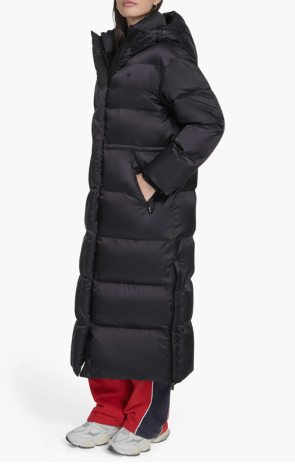 A model wearing the Champion Water Resistant Hooded Puffer Coat in black