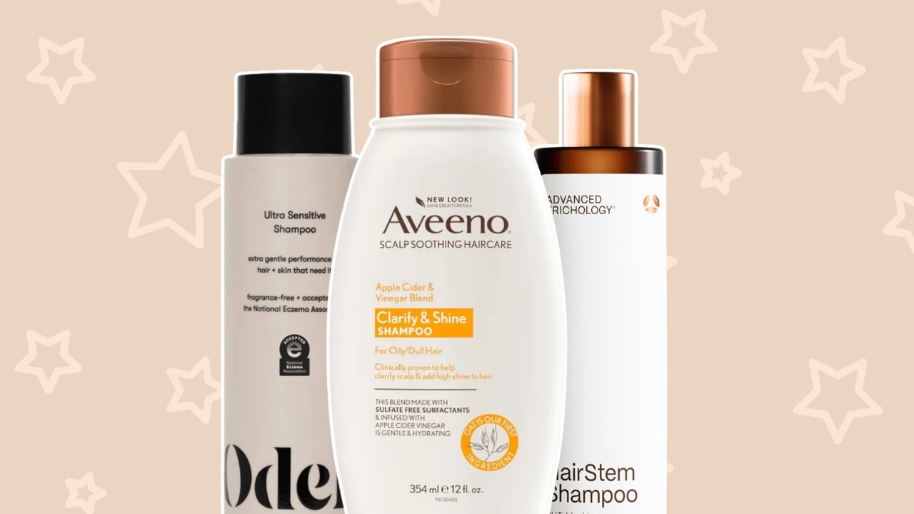 Light tan background with stars and three bottles of shampoo.