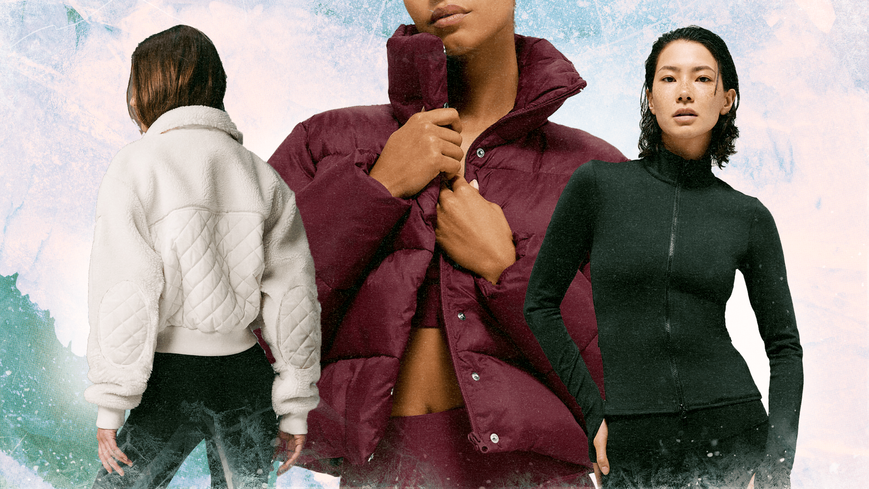 Three models wearing Alo Yoga clothing (a white sherpa bomber jacket, a burgundy puffer jacket, and a black zip-up jacket).