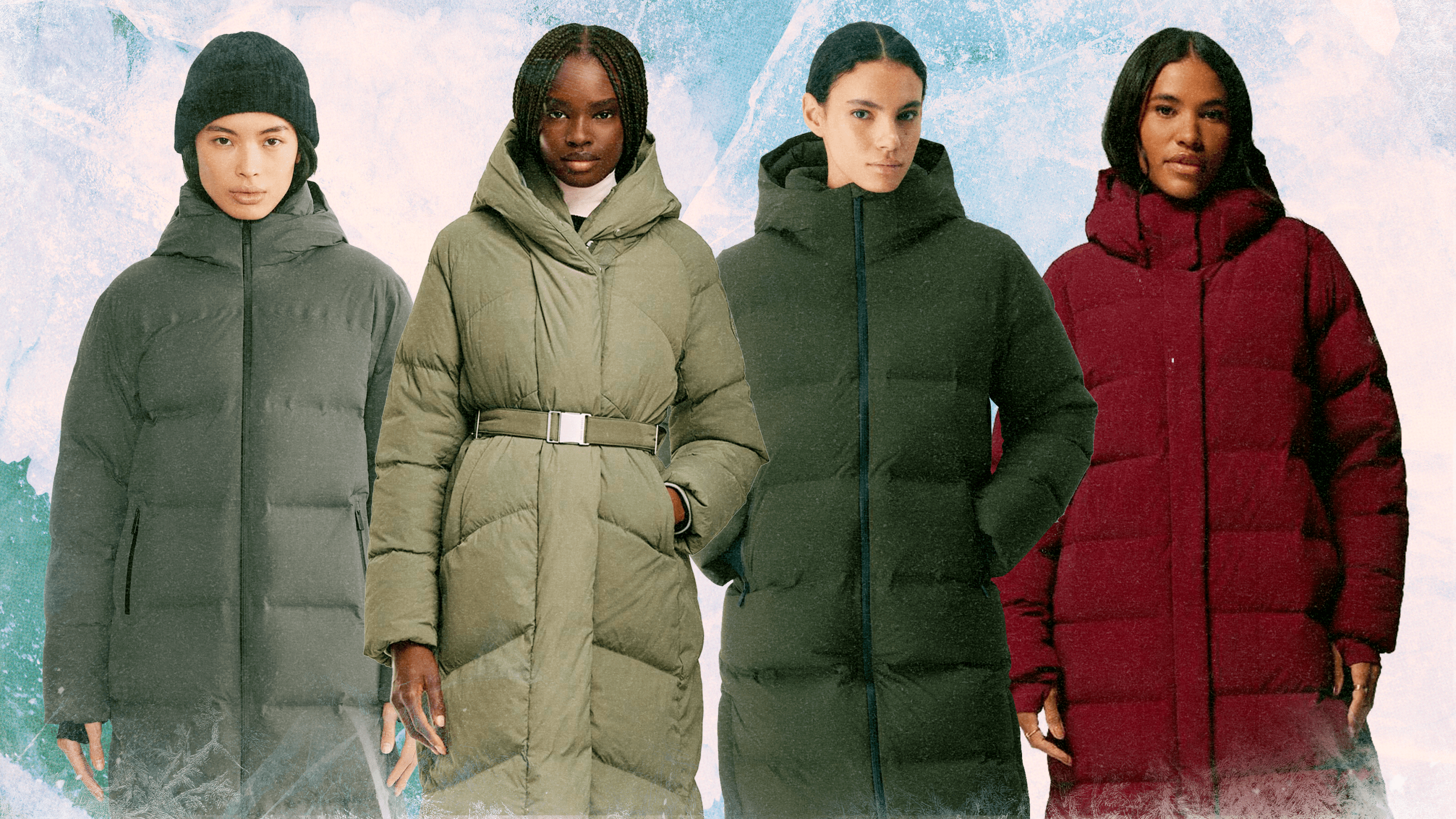 A model wearing a gray Aritzia long puffer coat; a model wearing a light green Canada Goose long puffer coat, a model wearing a dark green Aritzia long puffer coat, a model wearing a dark red Columbia long puffer coat.