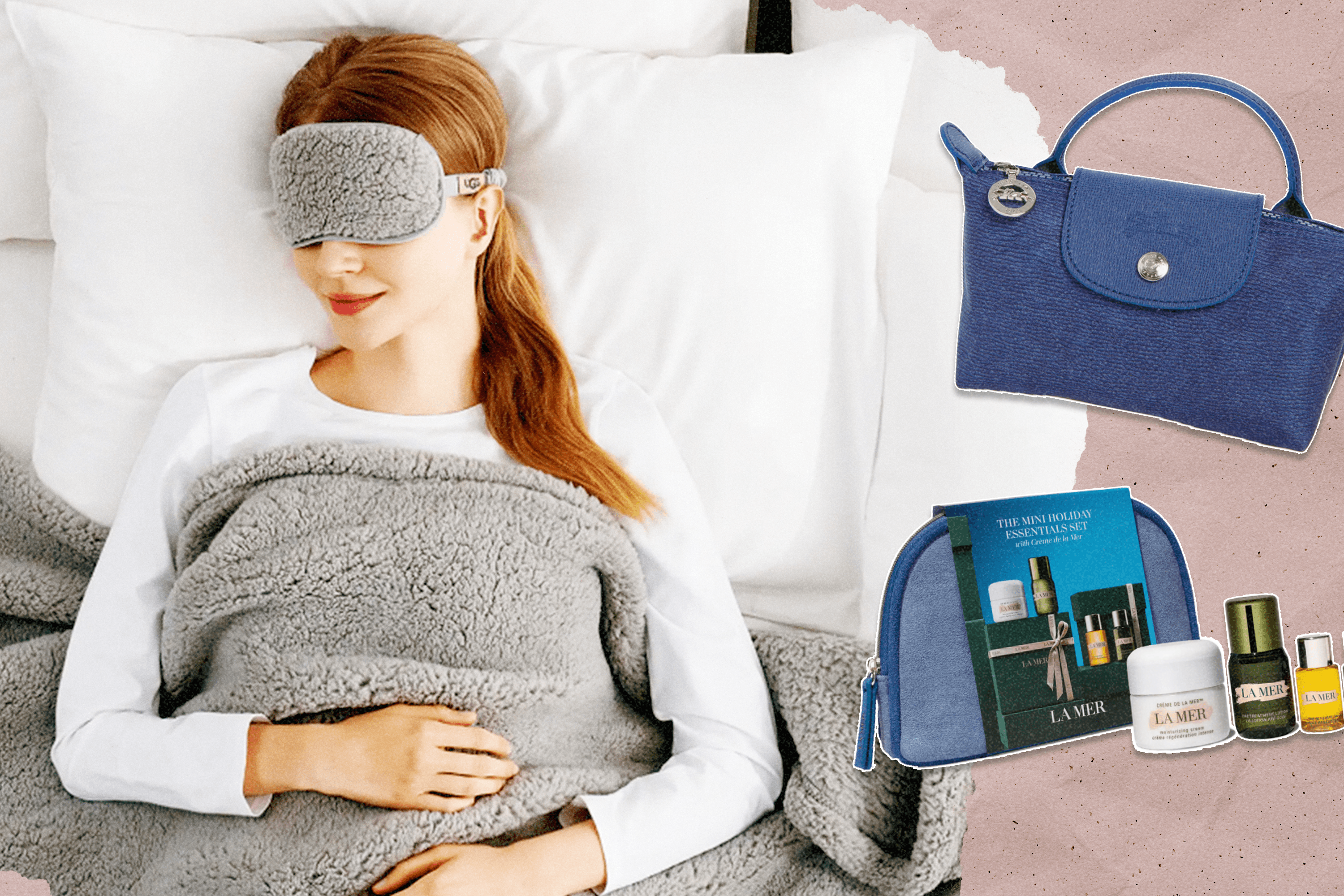 Left: a woman lying in bed with UGG's throw blanket and matching eye mask in grey; a Longchamp Le Pliage tiny makeup bag in blue; a La Mer gift set with a blue makeup bag
