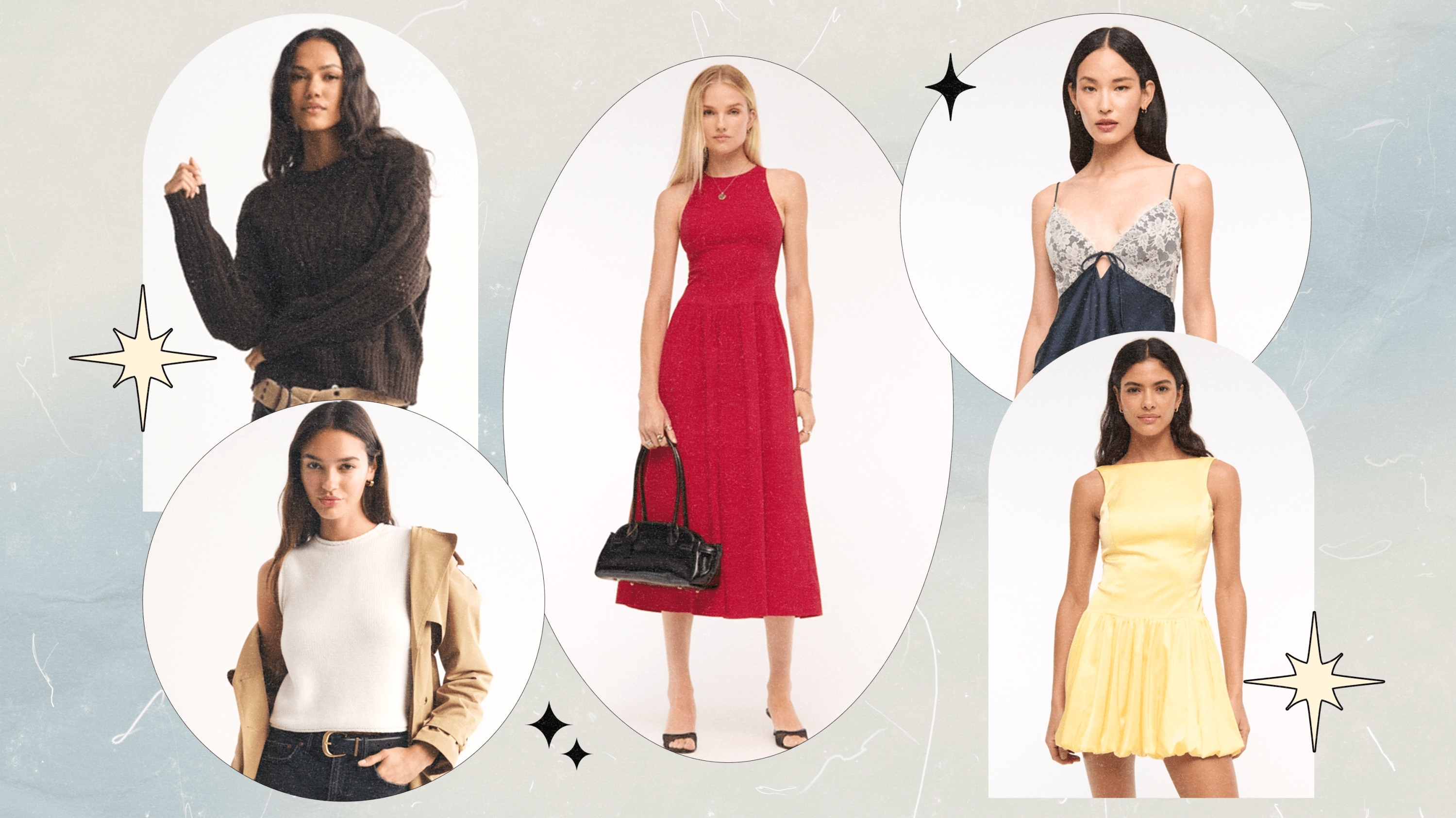 A collage of five images showing Abercrombie models wearing spring and summer clearance items (a brown long-sleeeve sweater, a white sleeveless sweater top, a red midi dress, a navy and white lace cami top, and a yellow mini dress).