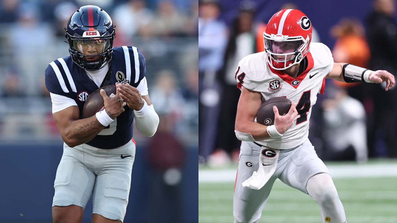 Trinidad Chambliss #6 of the Ole Miss Rebels, Gunner Stockton #14 of the Georgia Bulldogs