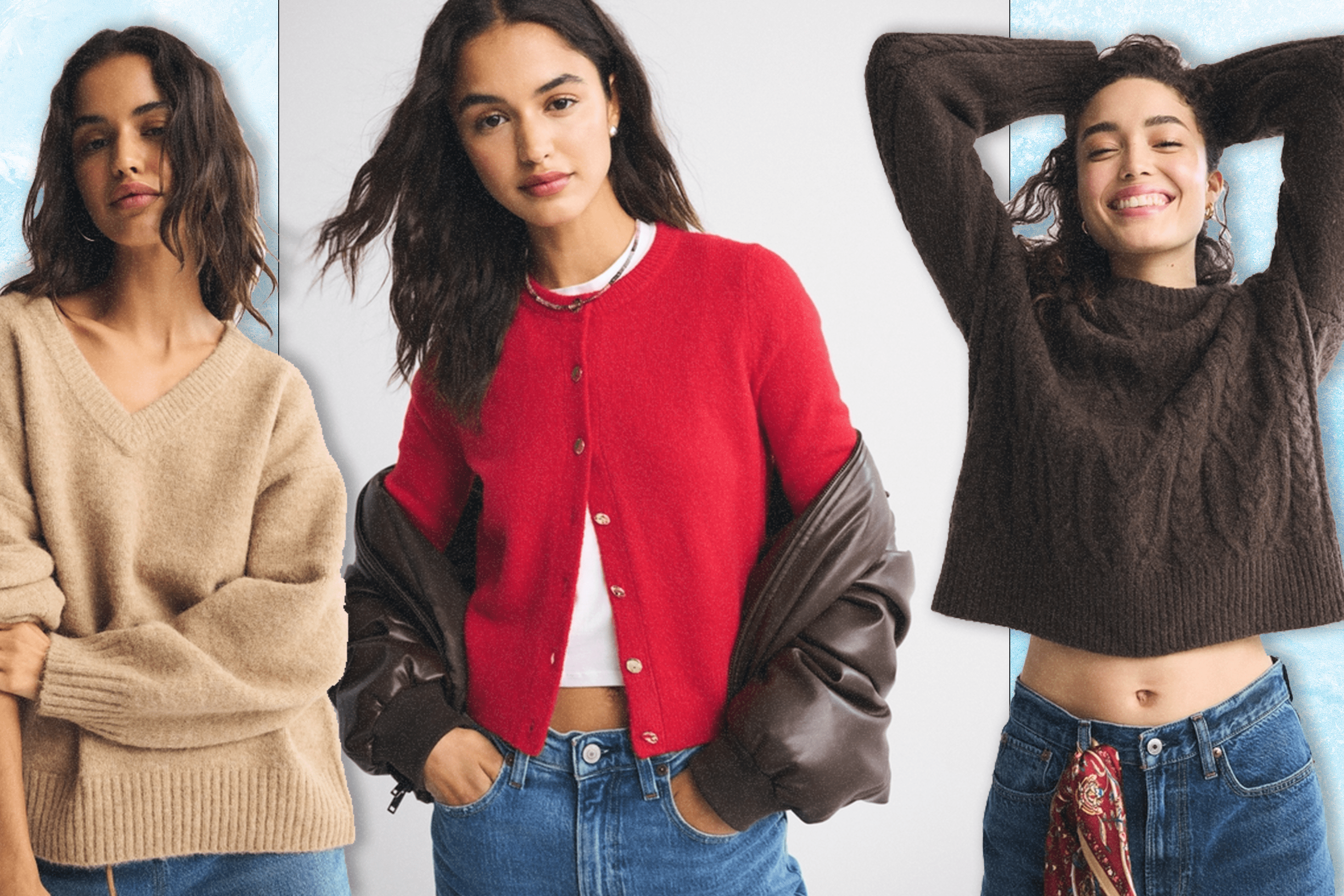 Three models wearing Abercrombie & Fitch sweaters