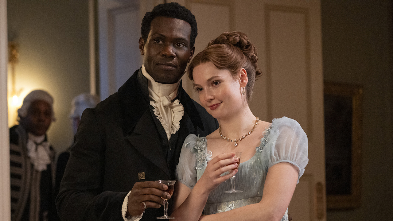 Bridgerton. (L to R) Victor Alli as John Stirling, Hannah Dodd as Francesca Bridgerton in episode 404 of Bridgerton.
