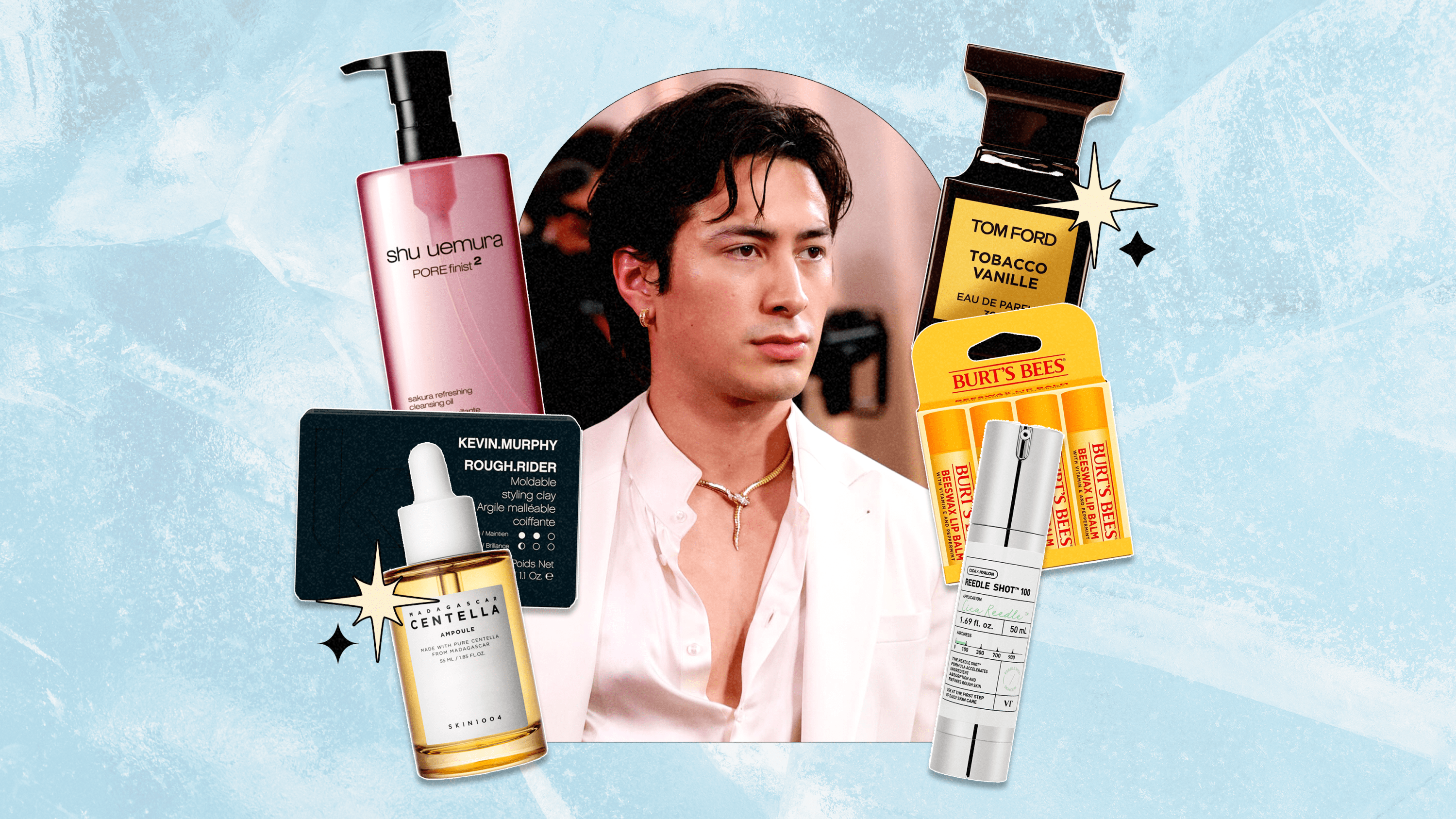 A photo of Hudson Williams from the 2026 Golden Globes red carpet, surrounded by six skincare, hair, and fragrance products he has used