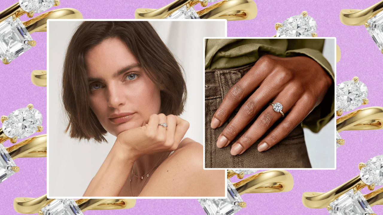 A pink background with gold diamond engagement rings, with a photograph of a woman wearing an engagement ring and another photograph of a hand with an engagement ring.