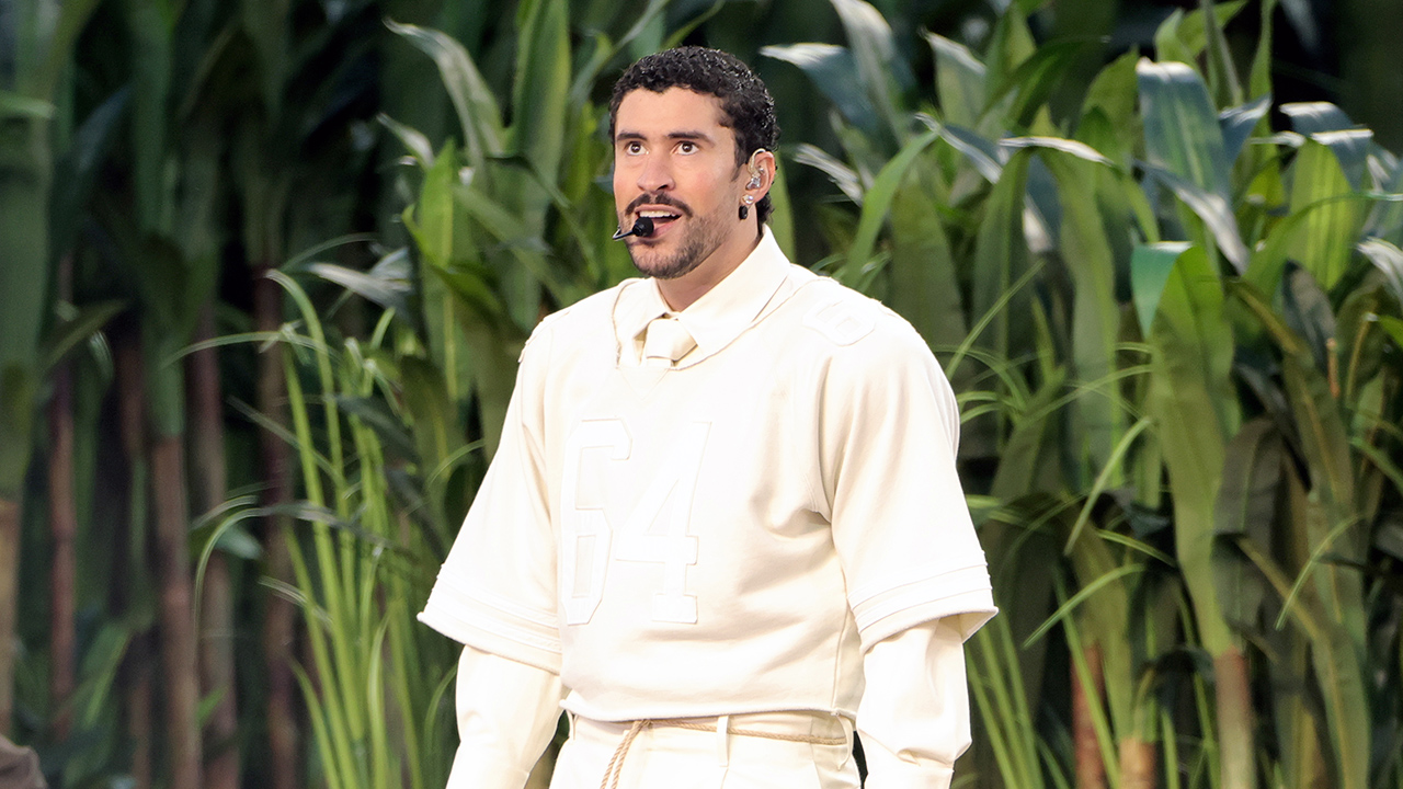 SANTA CLARA, CALIFORNIA - FEBRUARY 08: Bad Bunny performs onstage during the Apple Music Super Bowl LX Halftime Show at Levi's Stadium on February 08, 2026 in Santa Clara, California.