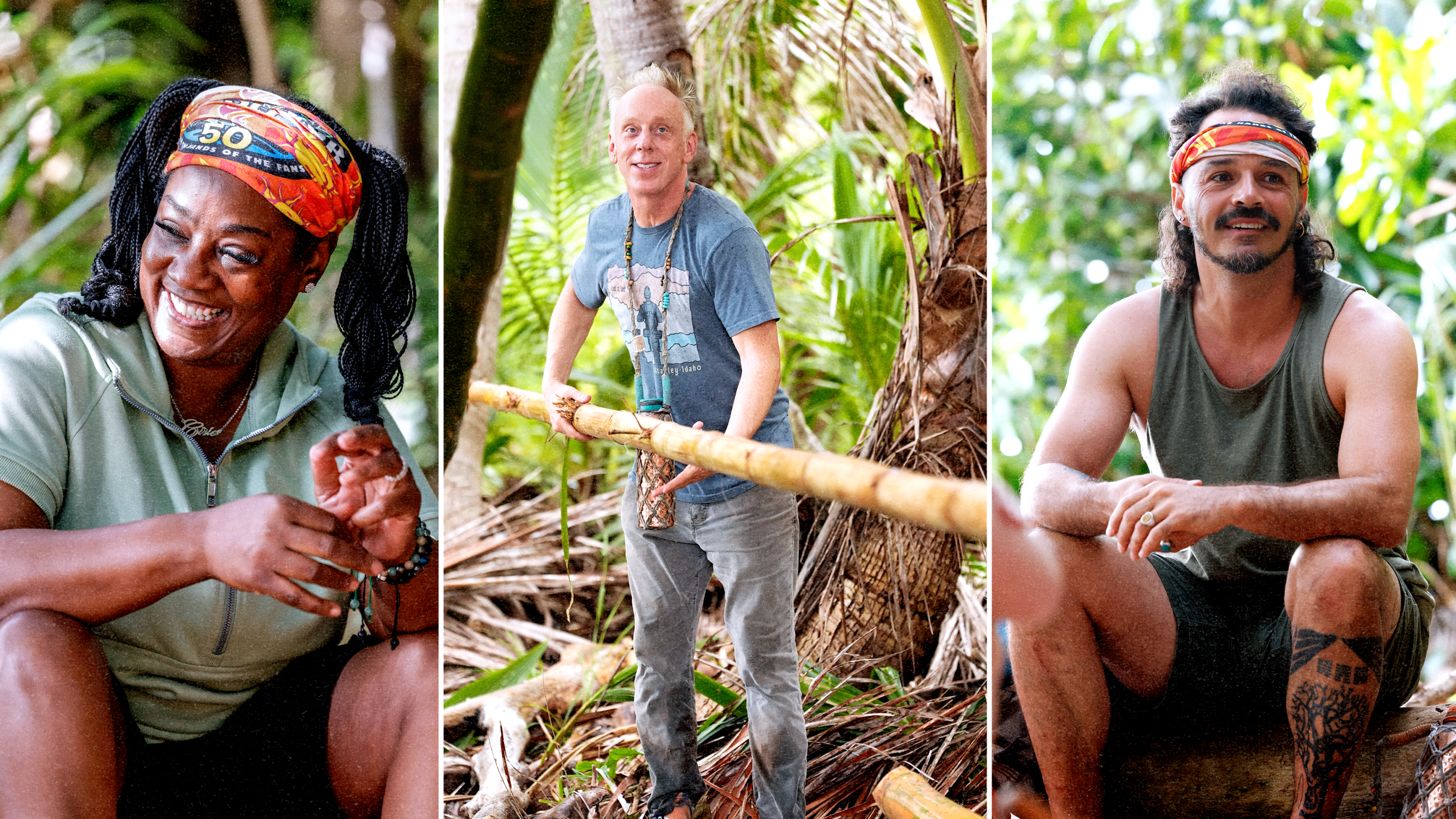 Solo shots from Survivor 50, of Cirie Fields, Mike White, and Ozzy Lusth (left to right).