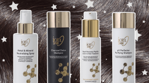 Brown background that looks like hair with white stars and four haircare products.