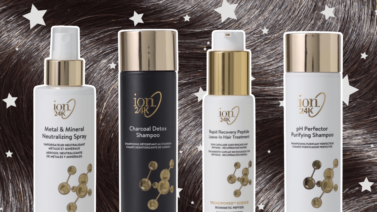 Brown background that looks like hair with white stars and four haircare products.