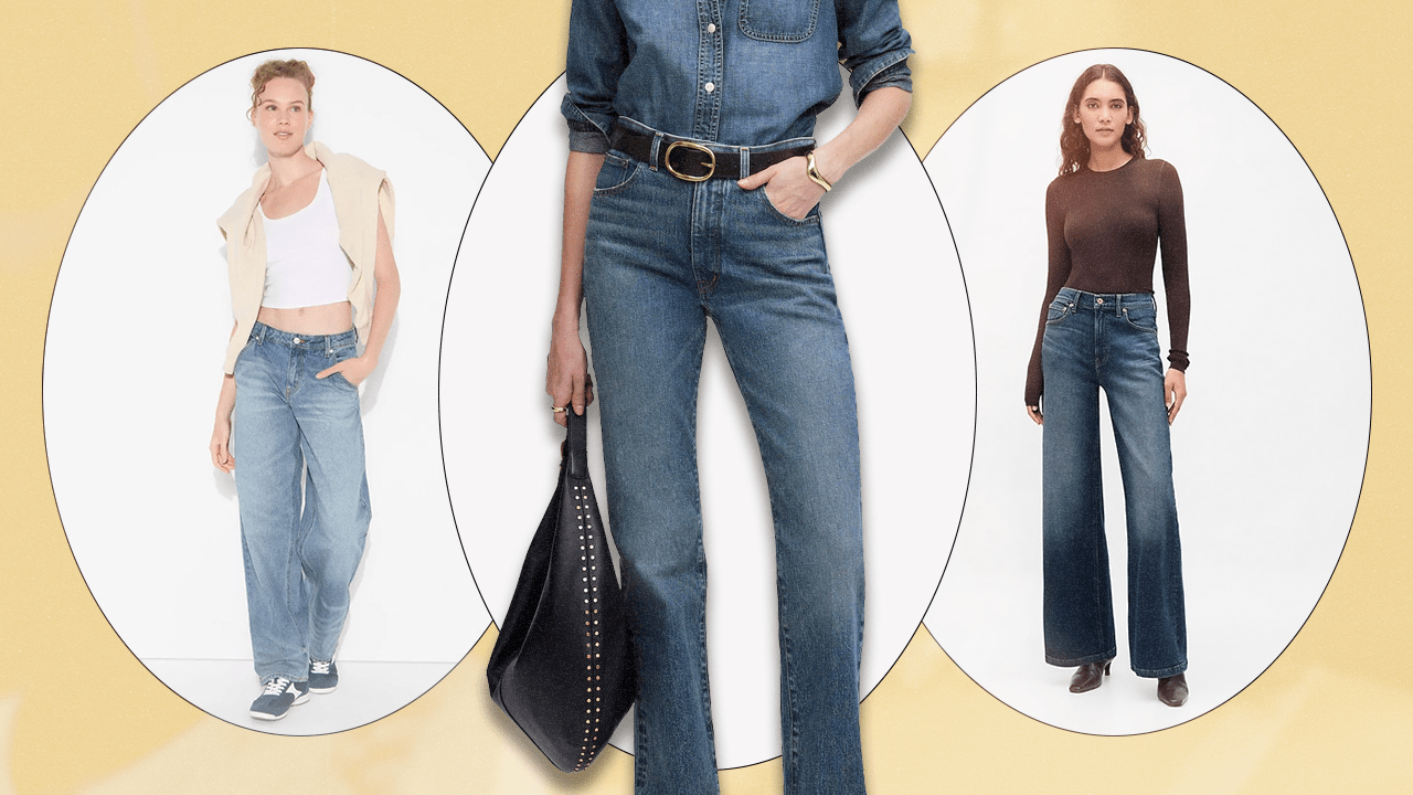 A collage of three models wearing blue jeans