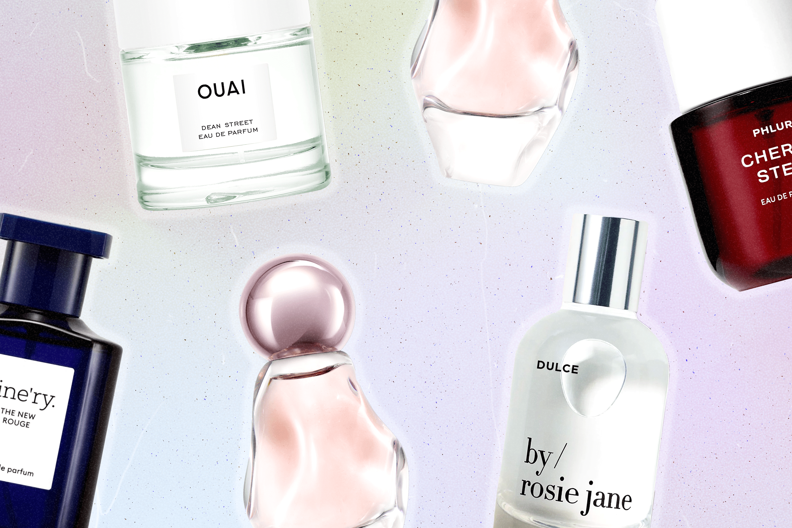 A collage of perfume bottles from fine'ry, Ouai, Kylie Cosmetics, By Rosie Jane, and PHLUR.