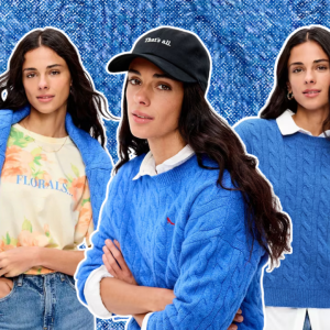 A blue knit background with three women wearing a blue cable knit sweater.