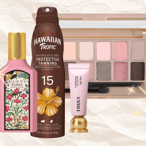 White background with a pink Gucci perfume bottle, brown Hawaiian Tropic tanning spray, Maybelline eyeshadow palette, and Truly lip gloss