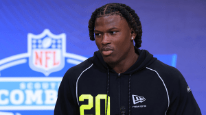 INDIANAPOLIS, INDIANA - FEBRUARY 25: Arvell Reese of the Ohio State Buckeyes speaks to the media during the 2026 NFL Scouting Combine at Lucas Oil Stadium on February 25, 2026 in Indianapolis, Indiana. (Photo by Justin Casterline/Getty Images)